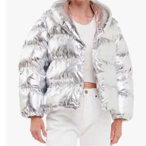 📌 NWT Endless Rose silver faux down padded design metallic puff jacket